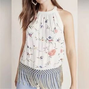 New Anthropologie Gatsby Top $120 SIZE 6 Ivory Embroidered Fringed Tassel FLAWED